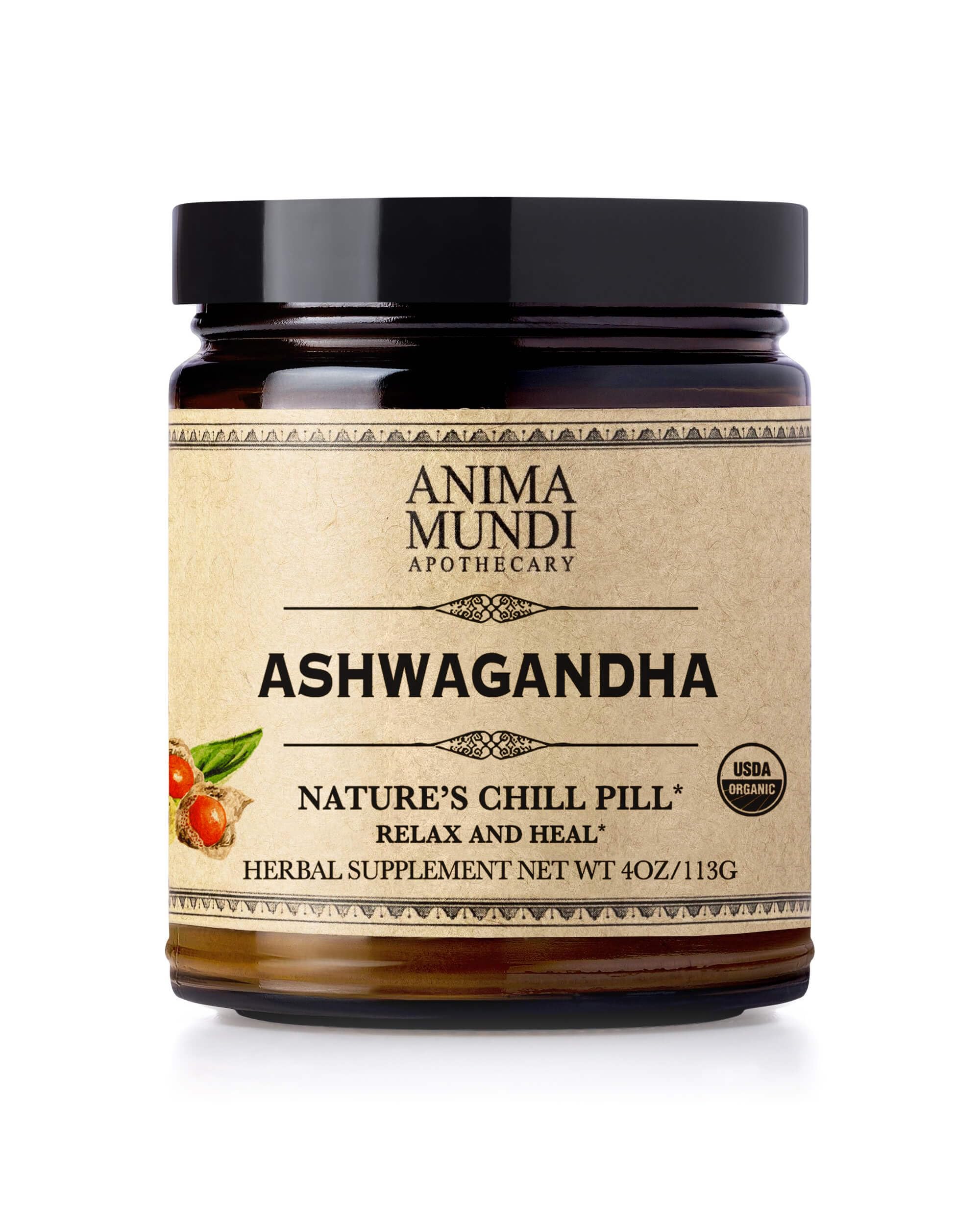 Anima Mundi Ashwagandha Powder bottle showcasing organic root extract for daily calm.