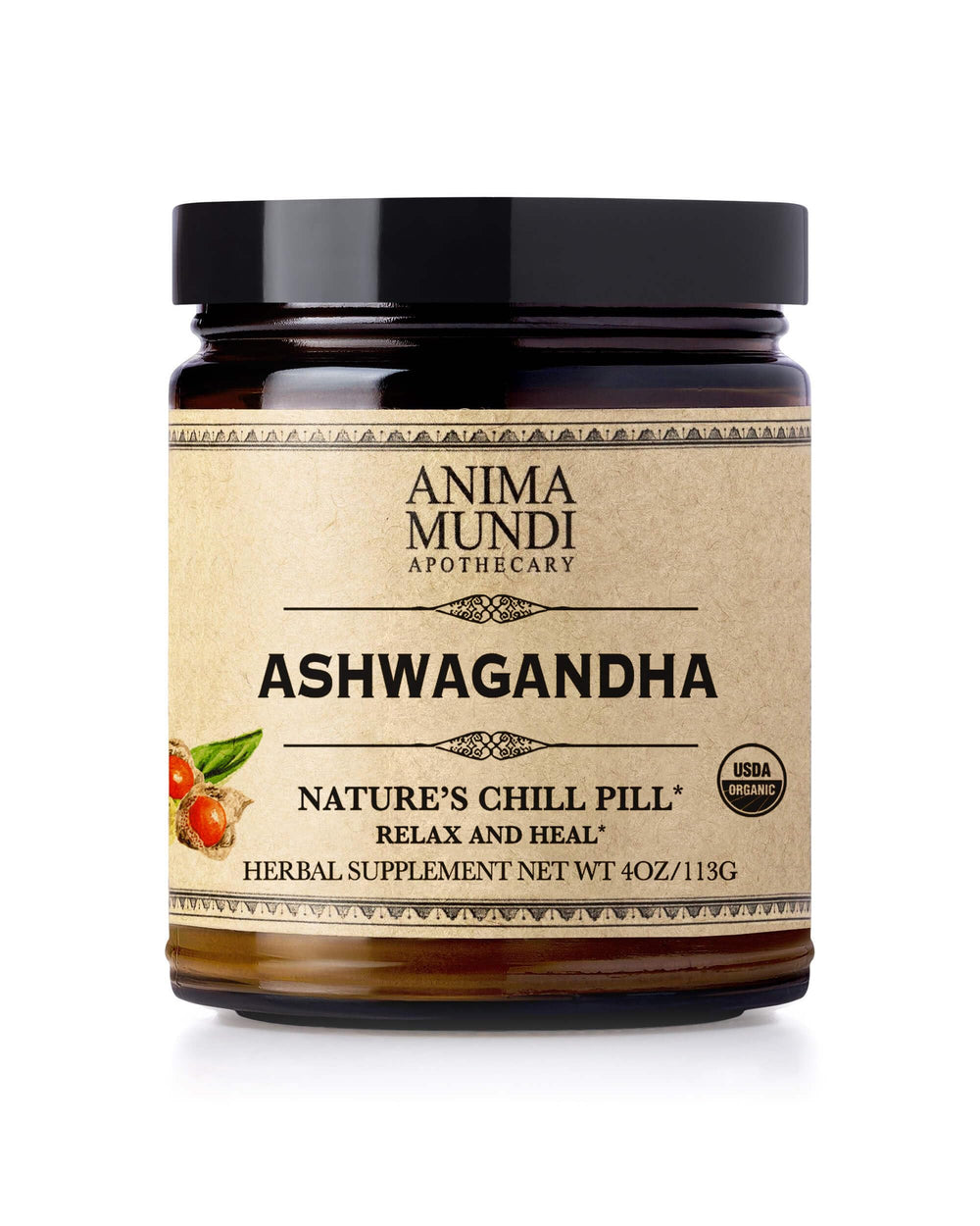 Anima Mundi Ashwagandha Powder bottle showcasing organic root extract for daily calm.