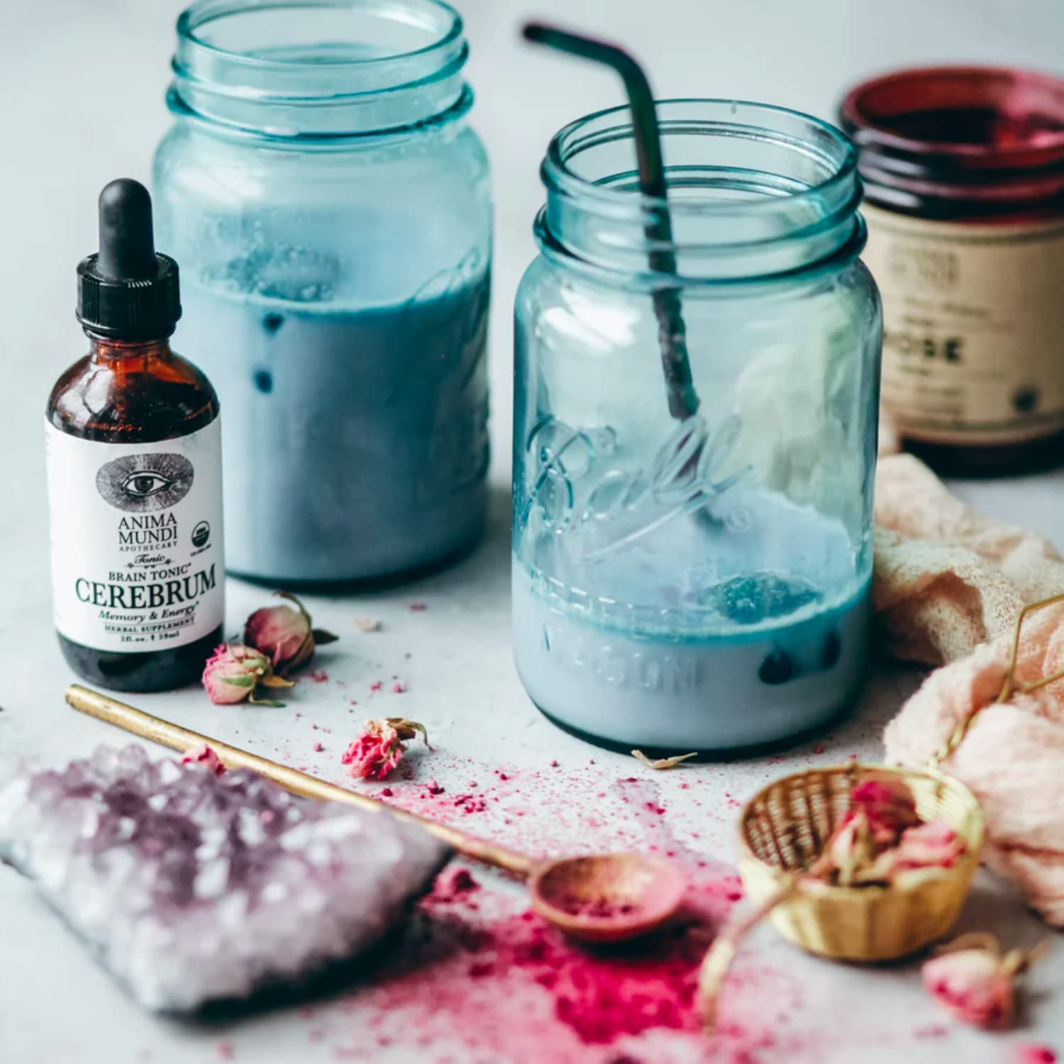 Anima Mundi Cerebrum bottle with dropper conveys ritual use for memory-friendly routines.
