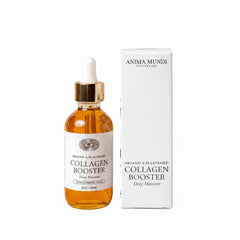 Anima Mundi Collagen Booster bottle with rose petals for a hydrating skincare ritual