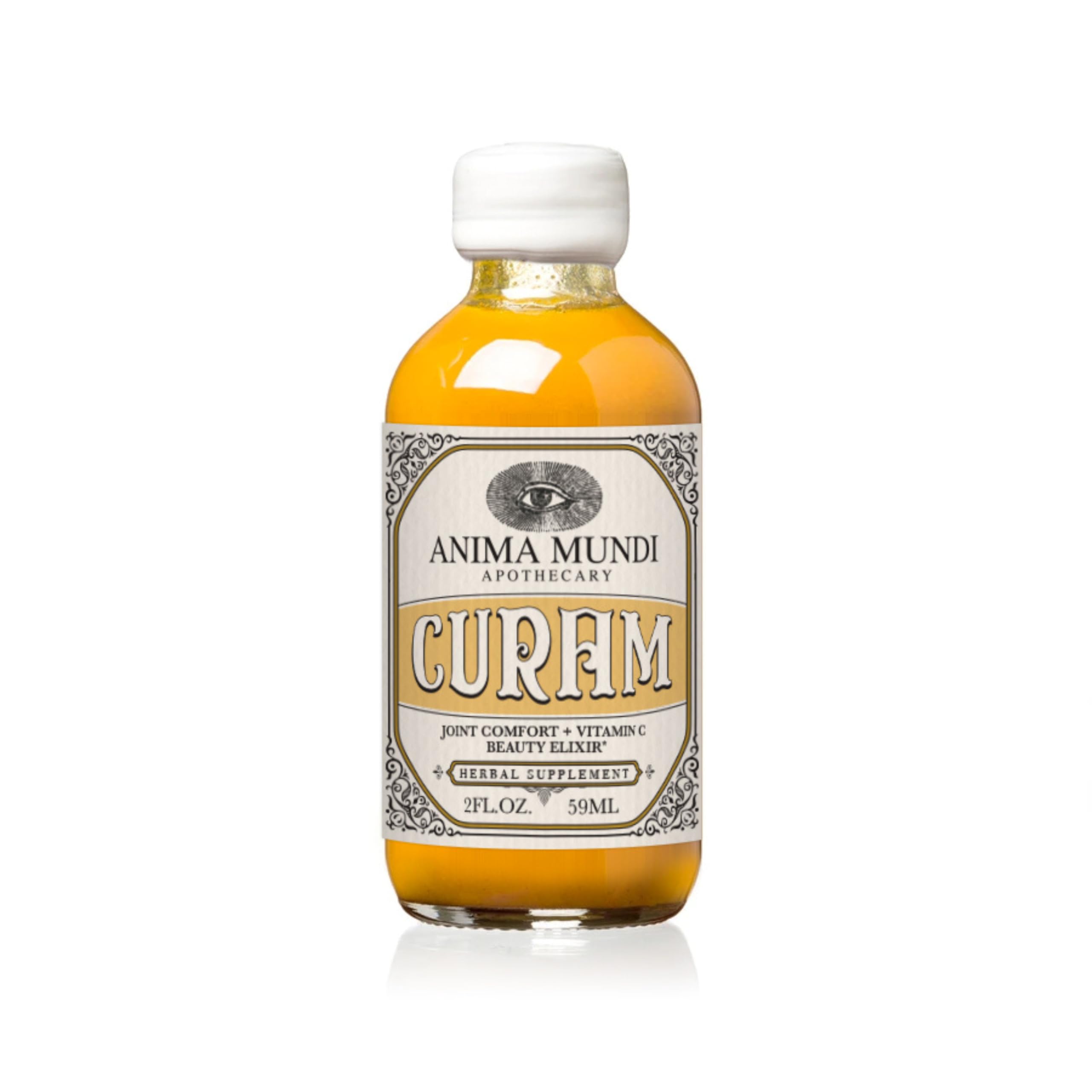 Anima Mundi Curam beauty elixir bottle, suggesting an antioxidant-rich skin ritual.