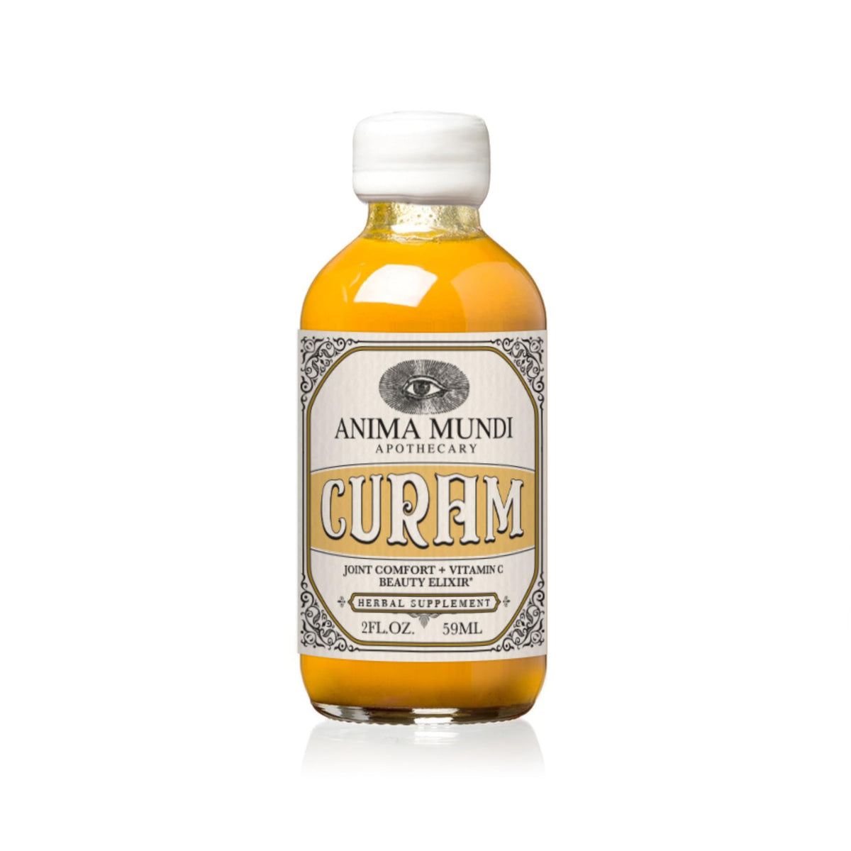 Anima Mundi Curam beauty elixir bottle, suggesting an antioxidant-rich skin ritual.