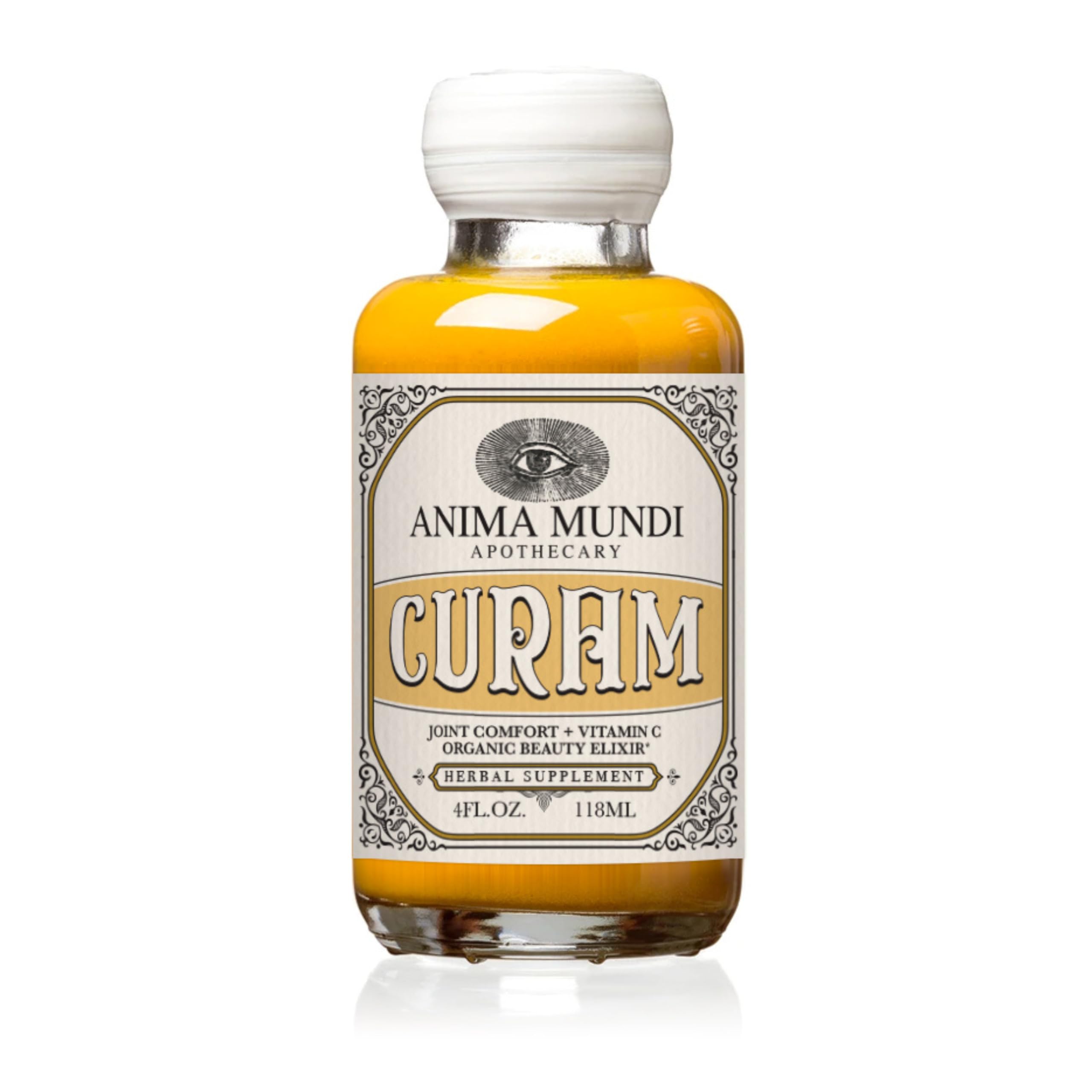 Anima Mundi Curam Elixir bottle pouring for daily antioxidant support.