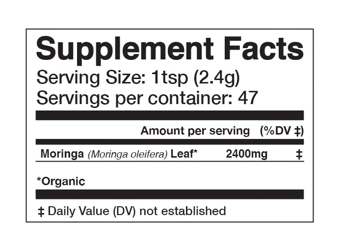 Anima Mundi Moringa Leaf Powder bag highlights sustainable rainforest sourcing.