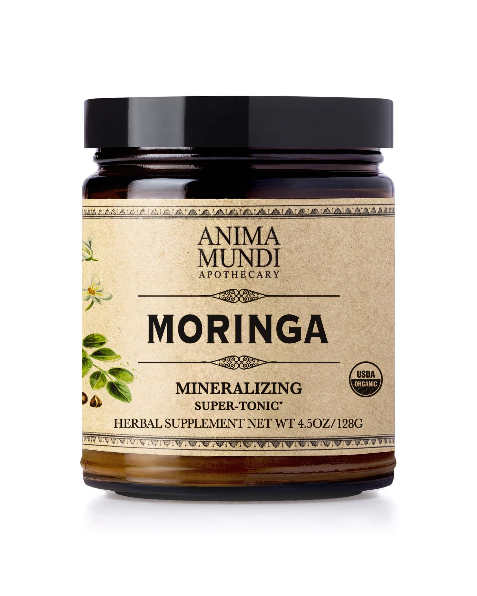 Anima Mundi Moringa Leaf Powder bottle pour suggests natural energy support.