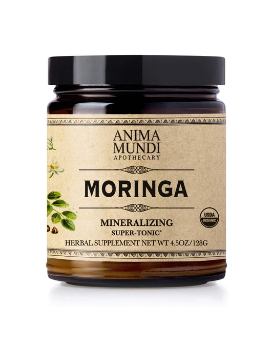 Anima Mundi Moringa Leaf Powder bottle pour suggests natural energy support.