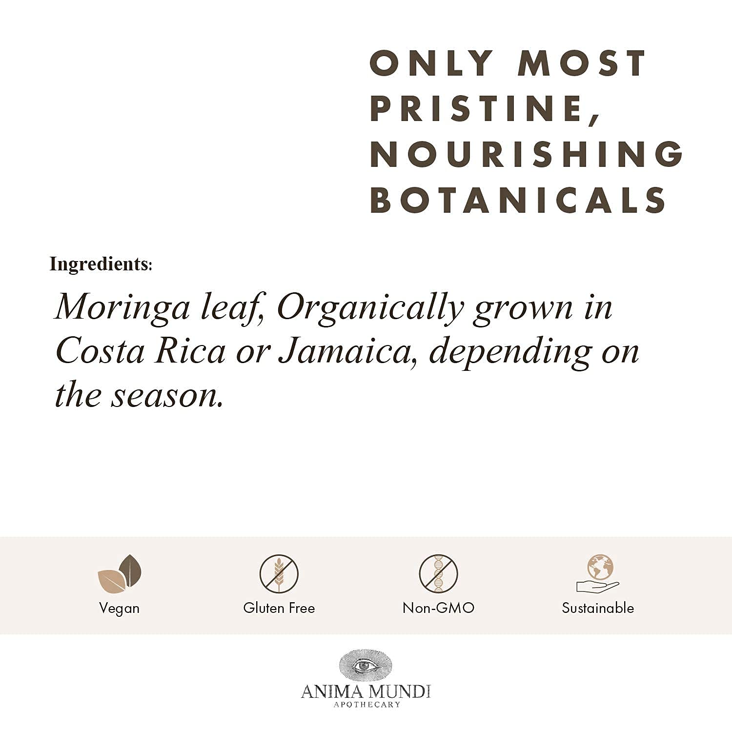 Anima Mundi Moringa Leaf Powder label communicates organic, non GMO credentials.
