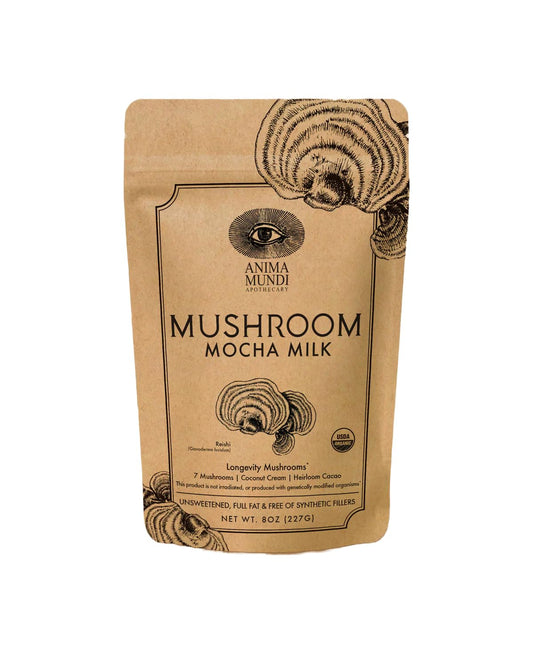 Anima Mundi Mushroom Mocha Milk powder enriches coffee with a creamy, dairy-free texture.