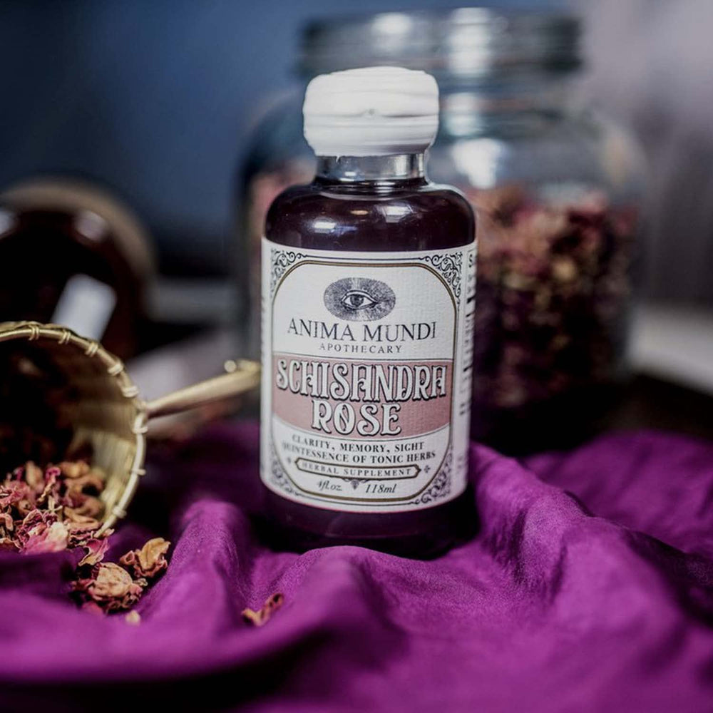 Rose petals and schizandra berries highlight natural ingredients in the elixir