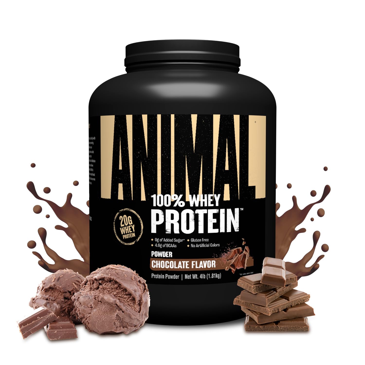 Animal 100% Whey chocolate protein powder tub showing high protein per serving for lean muscle support