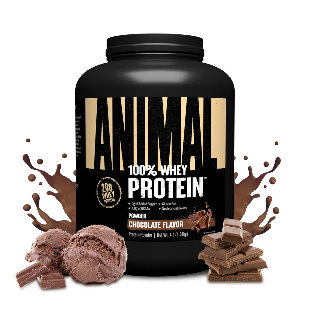Animal 100% Whey chocolate protein powder tub showing high protein per serving for lean muscle support