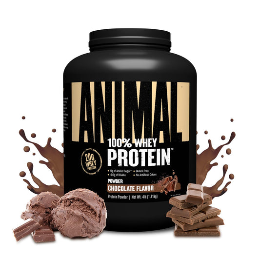 Animal 100% Whey chocolate protein powder tub showing high protein per serving for lean muscle support