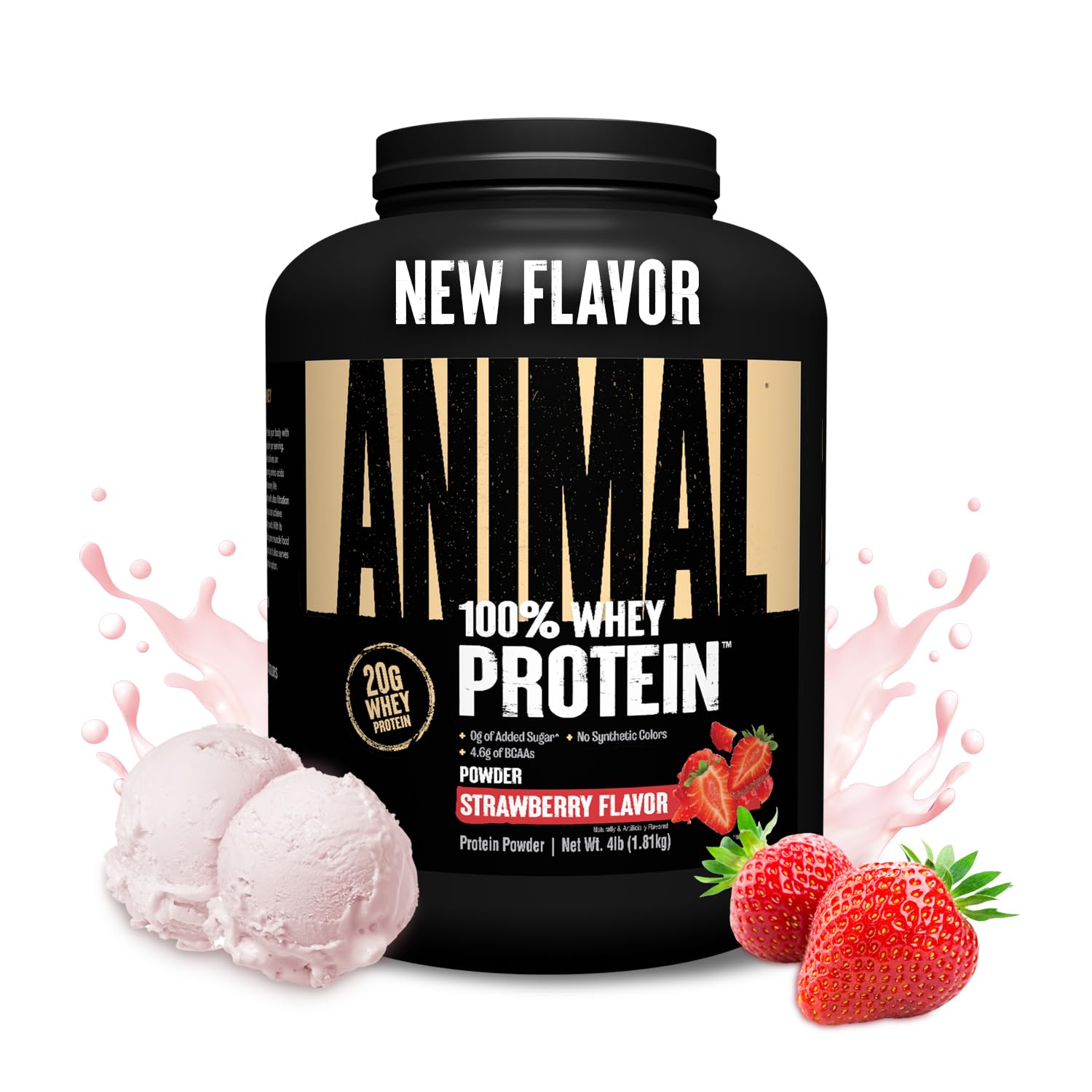 Animal 100% Whey Strawberry bottle pour shows easy mixing and on-the-go protein access.