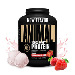 Animal 100% Whey Strawberry bottle pour shows easy mixing and on-the-go protein access.