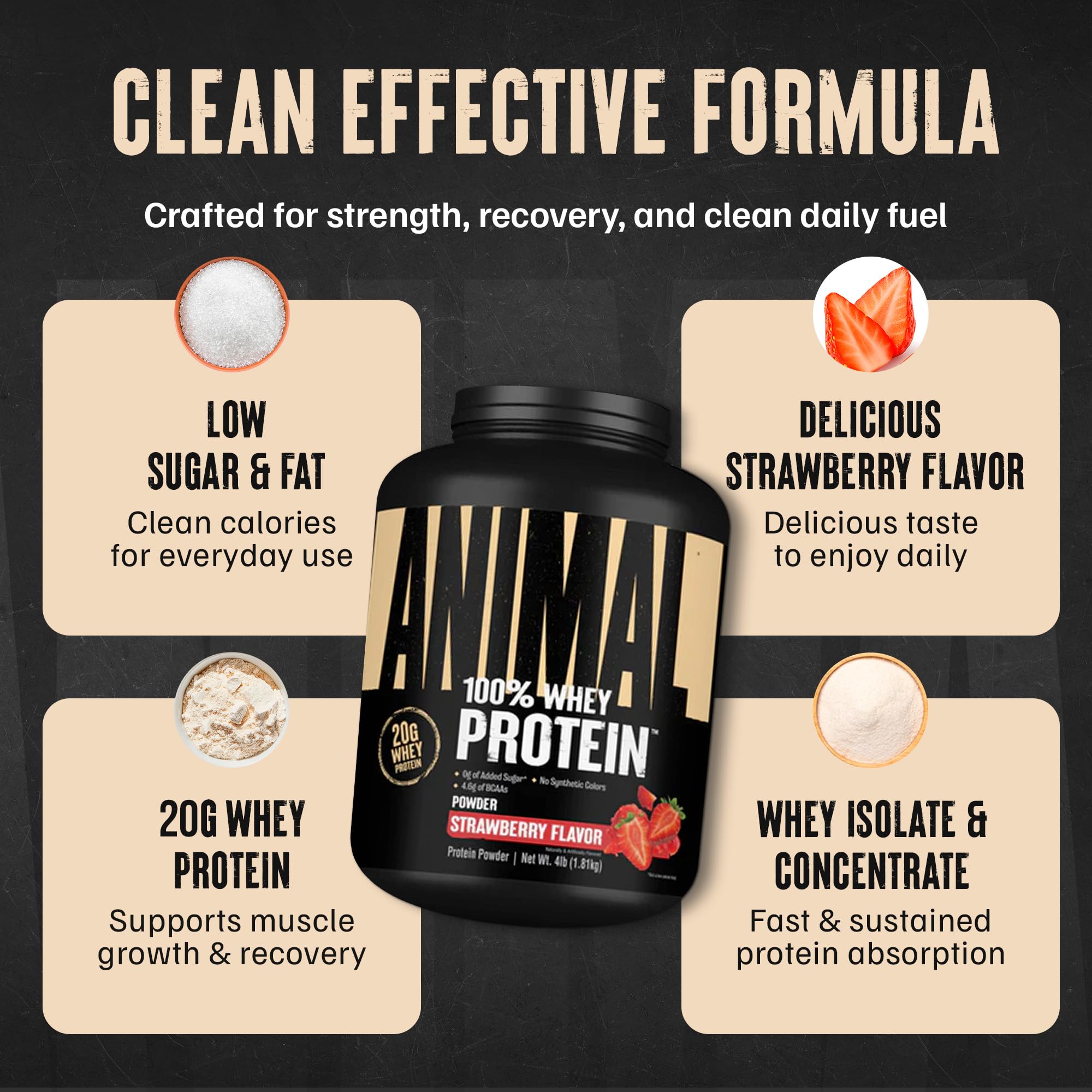 Animal 100% Whey Strawberry texture close-up shows creamy consistency.