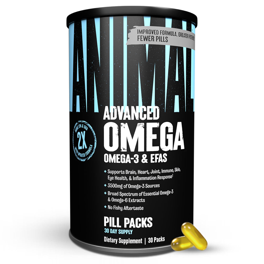 Animal Advanced Omega bottle closeup showing burpless, high‑potency formula for athletes