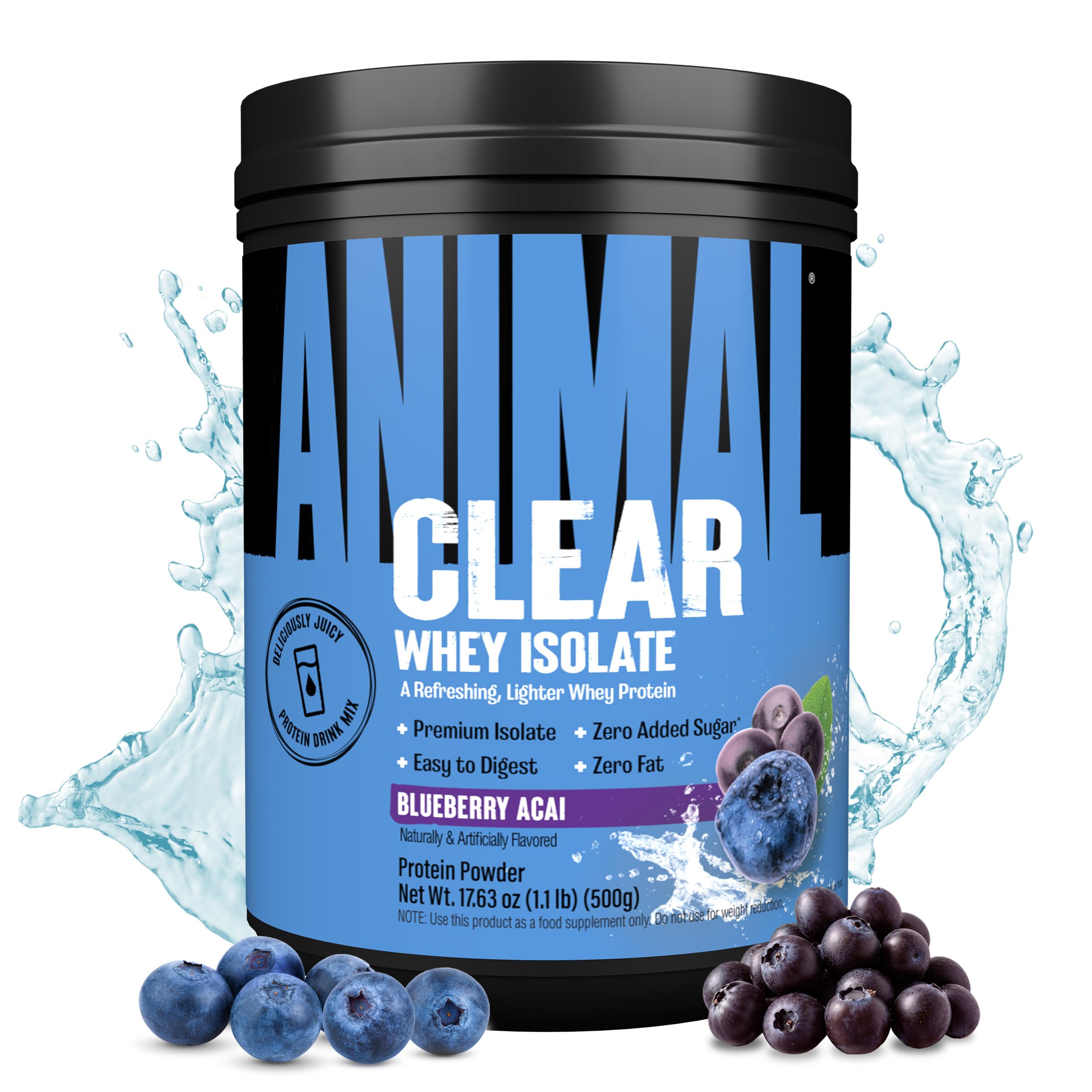 Animal Clear Whey Isolate bottle pour, refreshing post-workout option with 5g BCAA