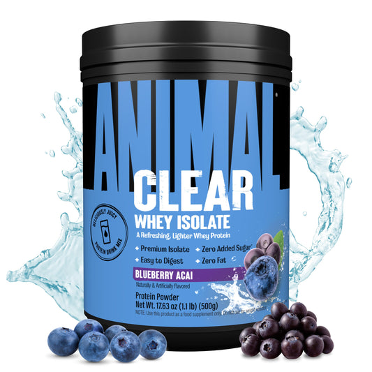 Animal Clear Whey Isolate bottle pour, refreshing post-workout option with 5g BCAA