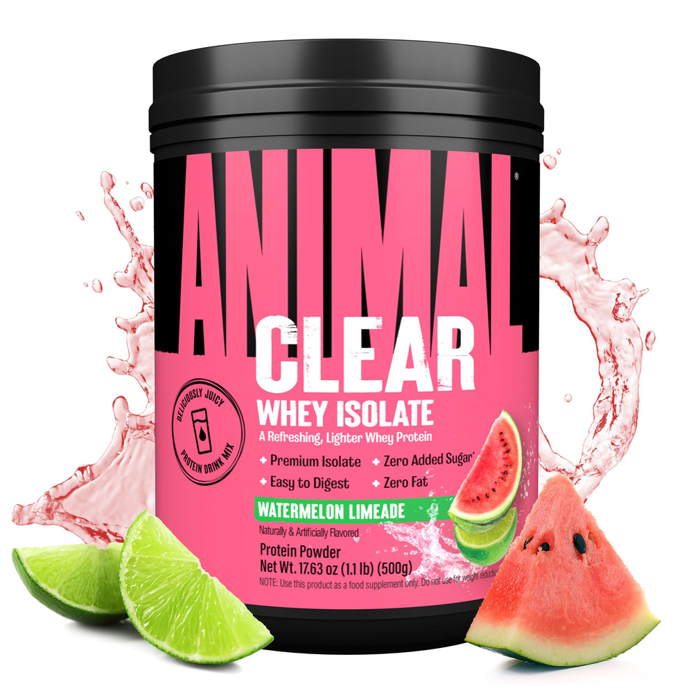 Animal Clear Whey Watermelon Limeade bottle, a refreshing protein drink.