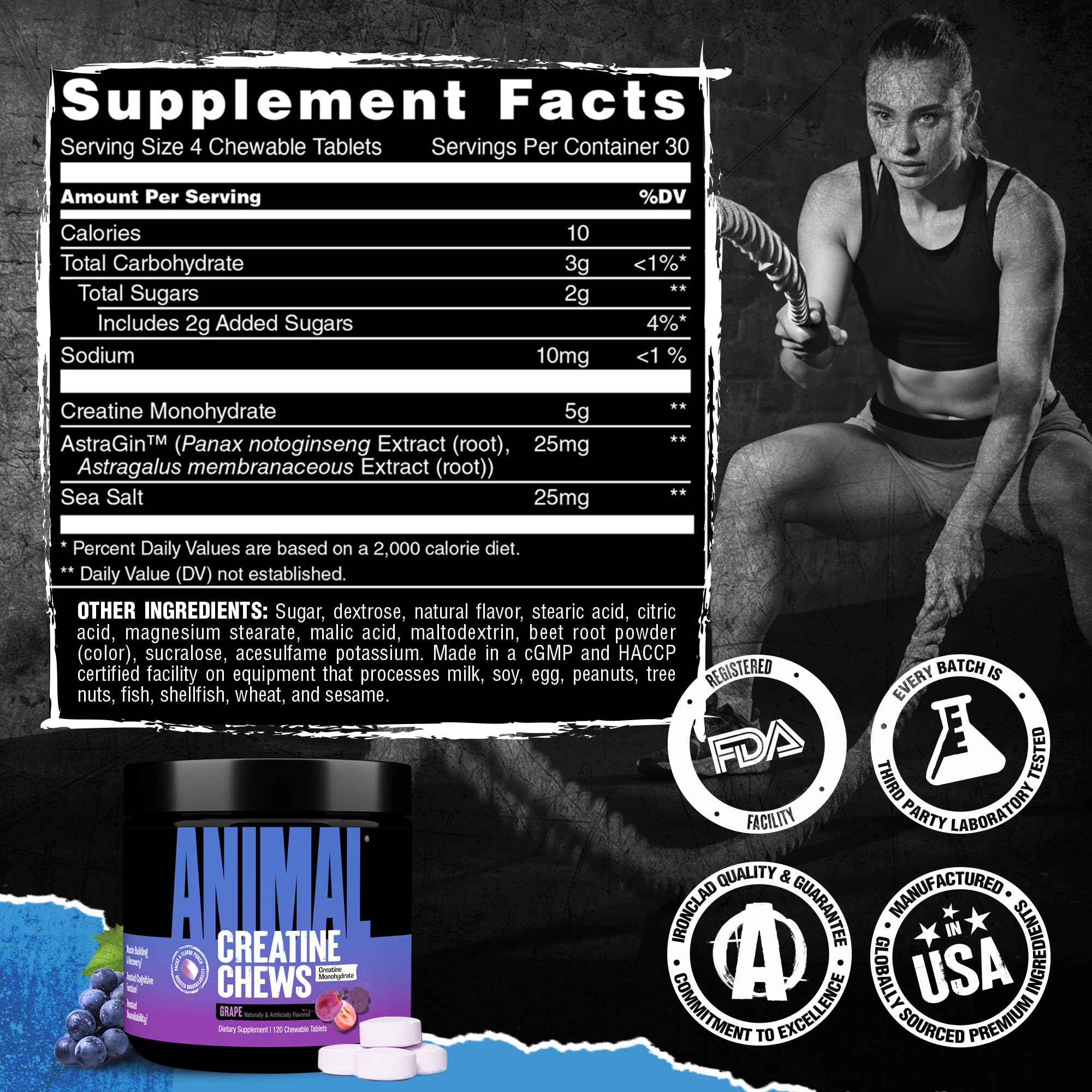 Animal Creatine Chews 120-tablet bottle for ongoing training support.