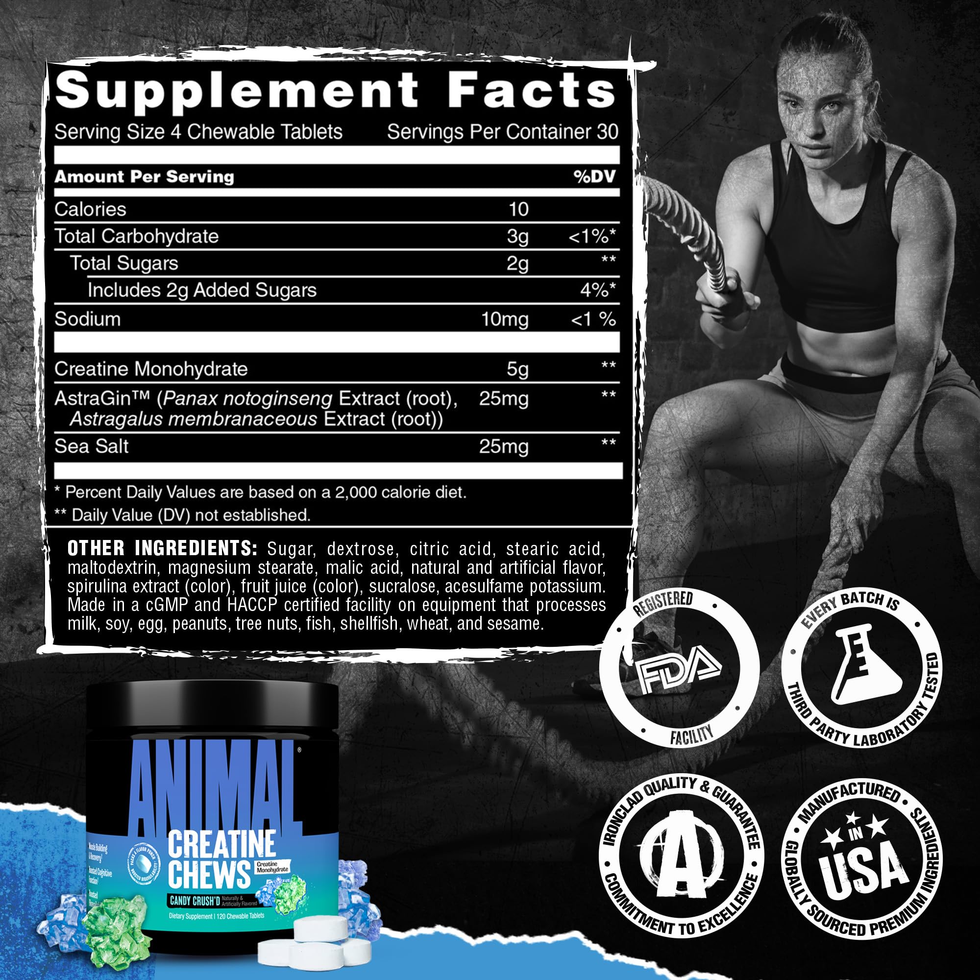 Lab-tested GMP badge indicating quality assurance for Animal Creatine Chews.