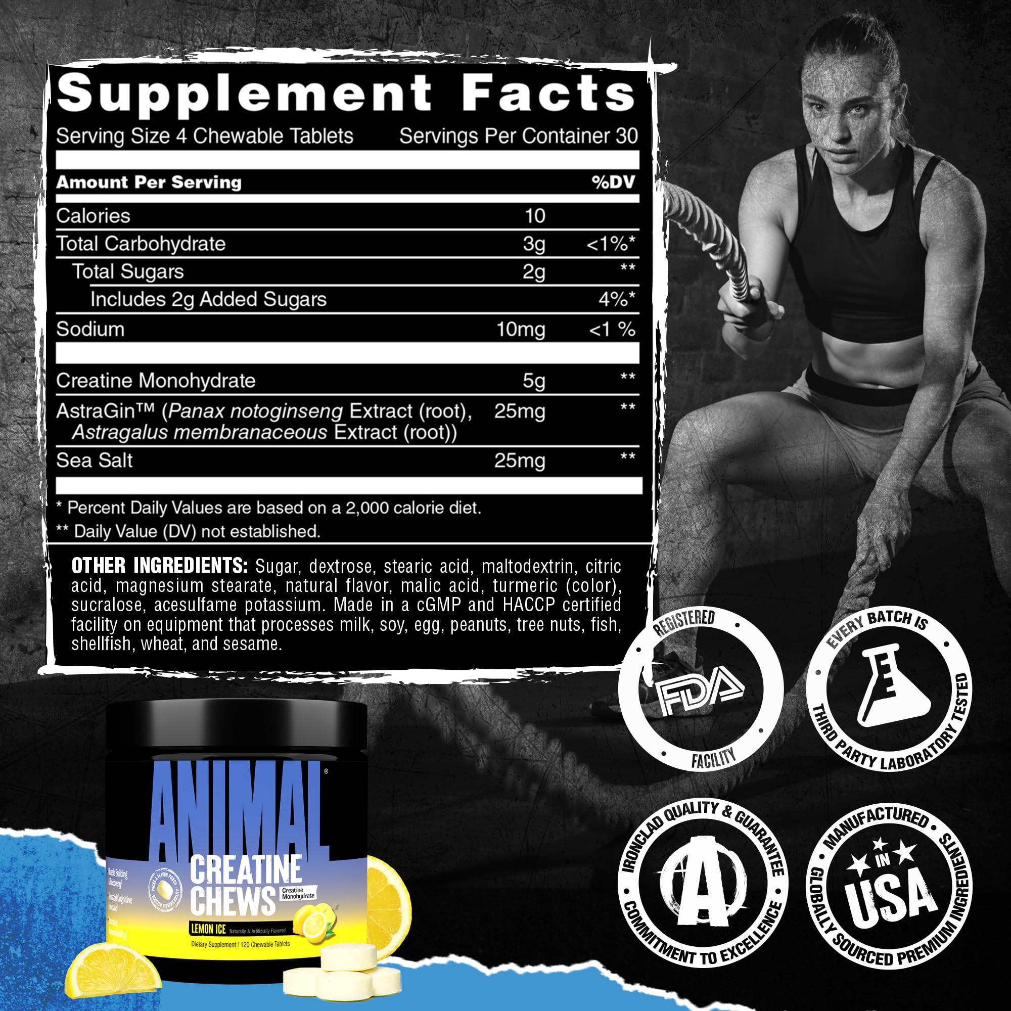 Animal Creatine Chews Lemon Ice packaging showcases GMP quality.
