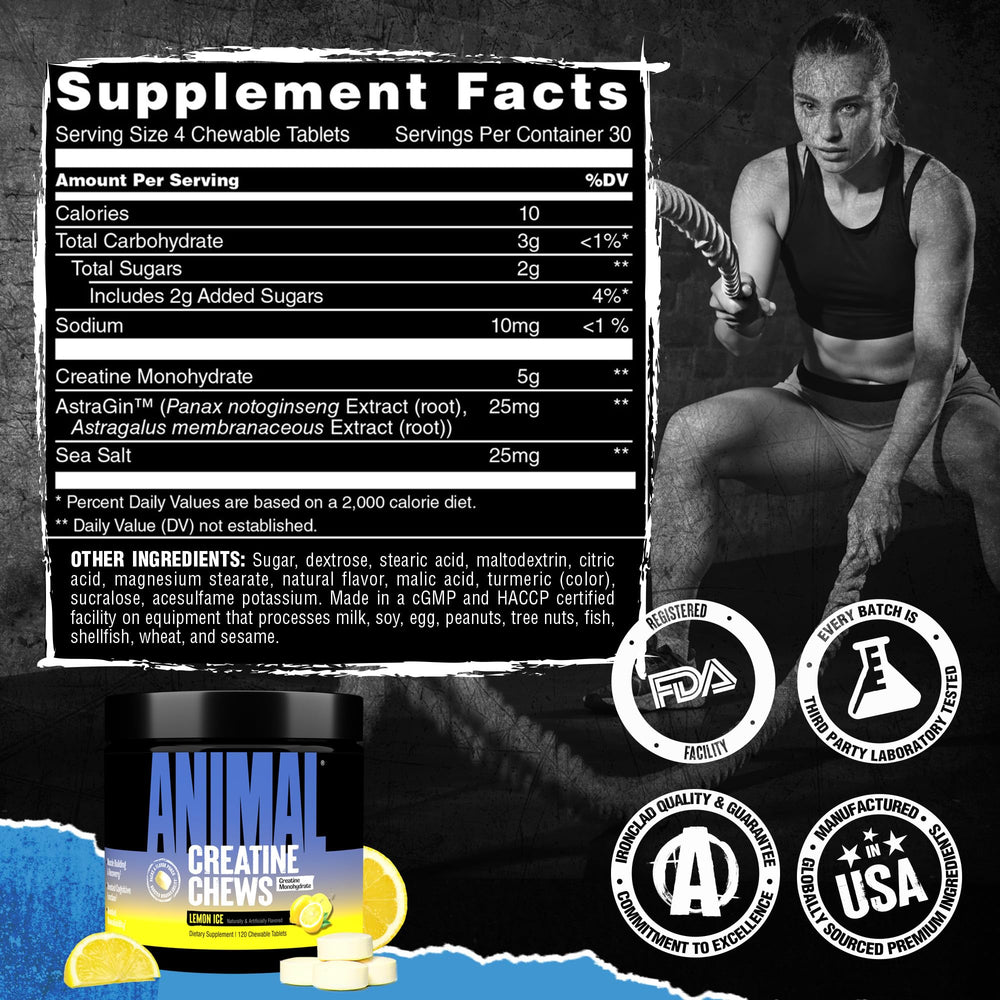 Animal Creatine Chews Lemon Ice packaging showcases GMP quality.