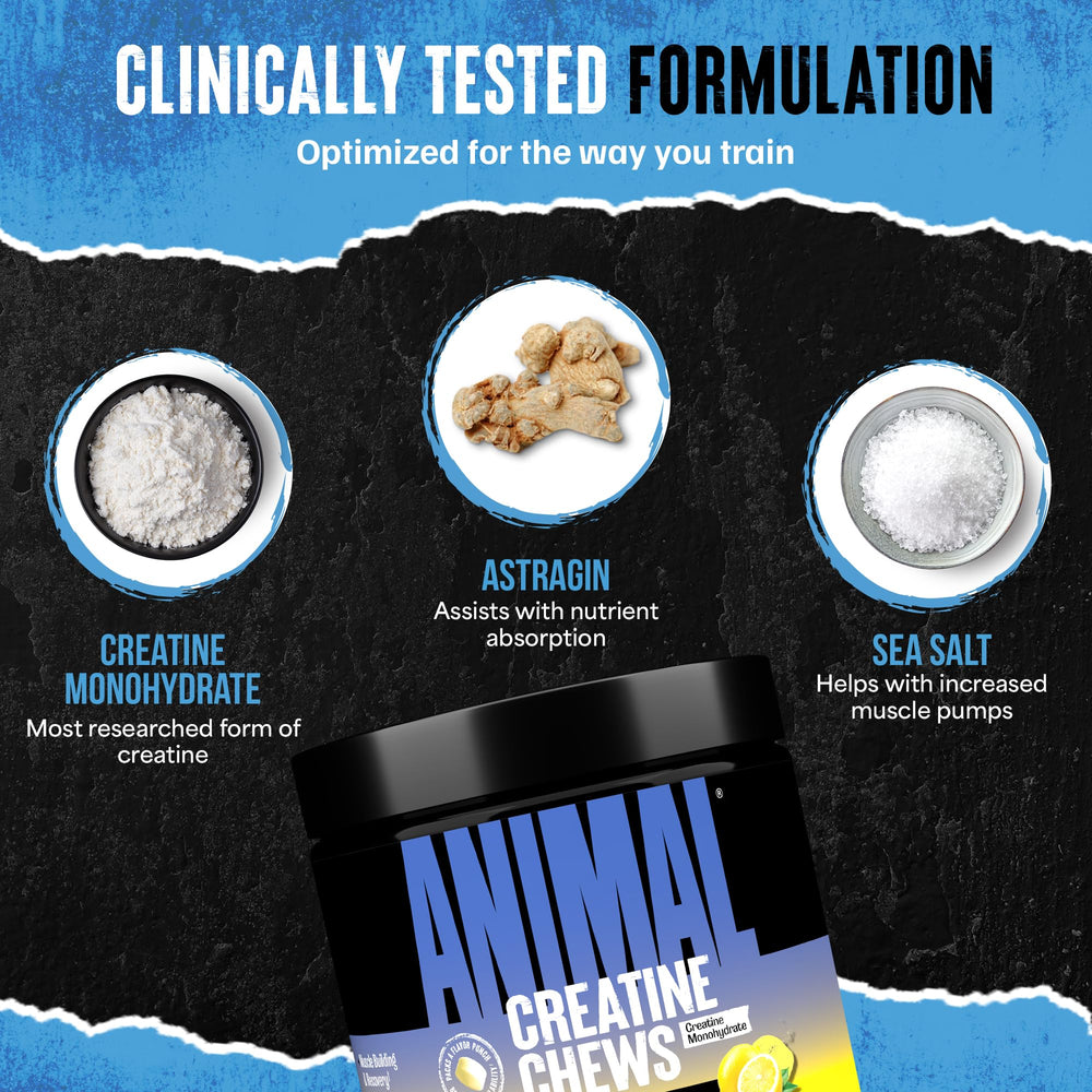Animal Creatine Chews Lemon Ice emphasizes sea salt for hydration and pumps.