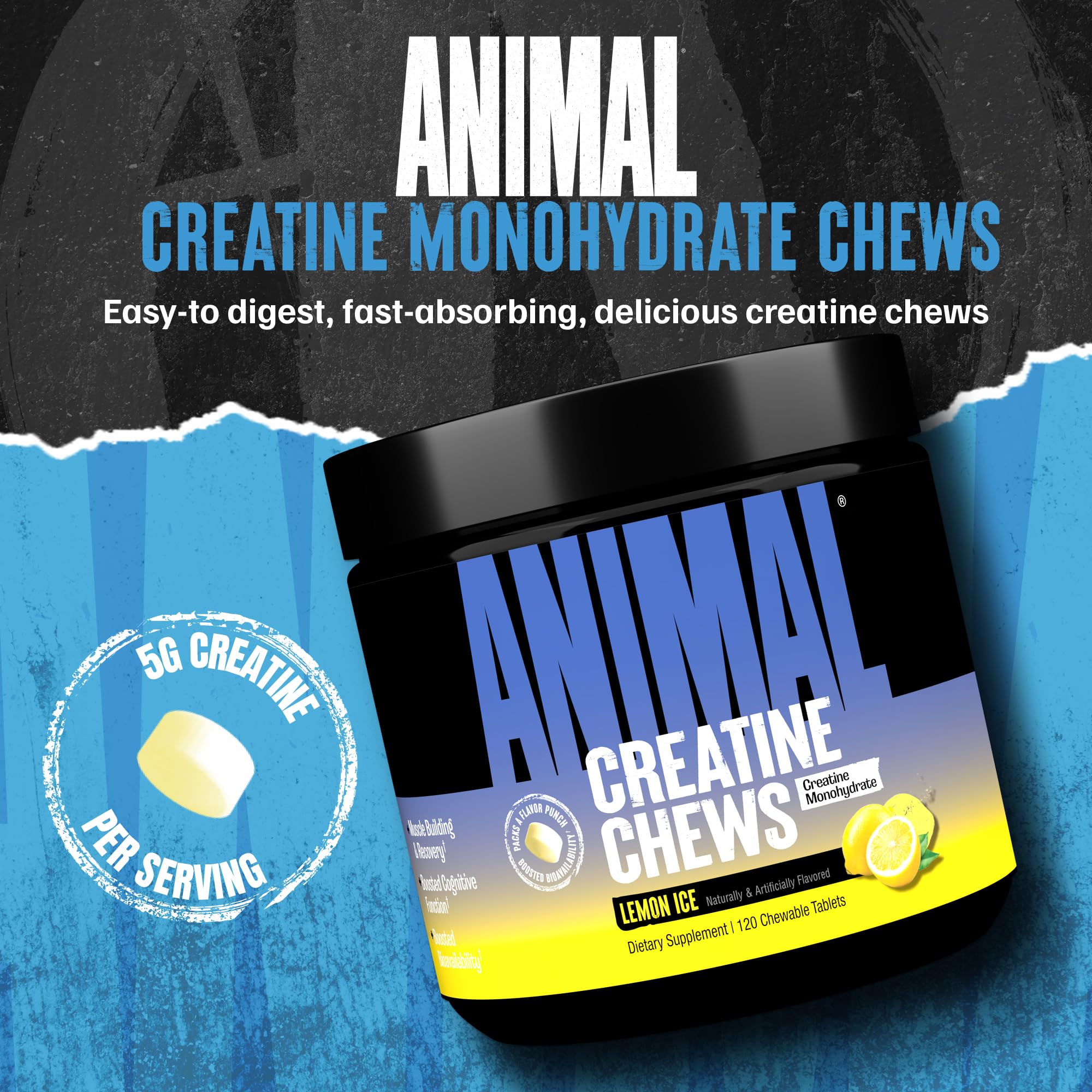 Animal Creatine Chews Lemon Ice tablets ready for pre- or post-workout fueling.