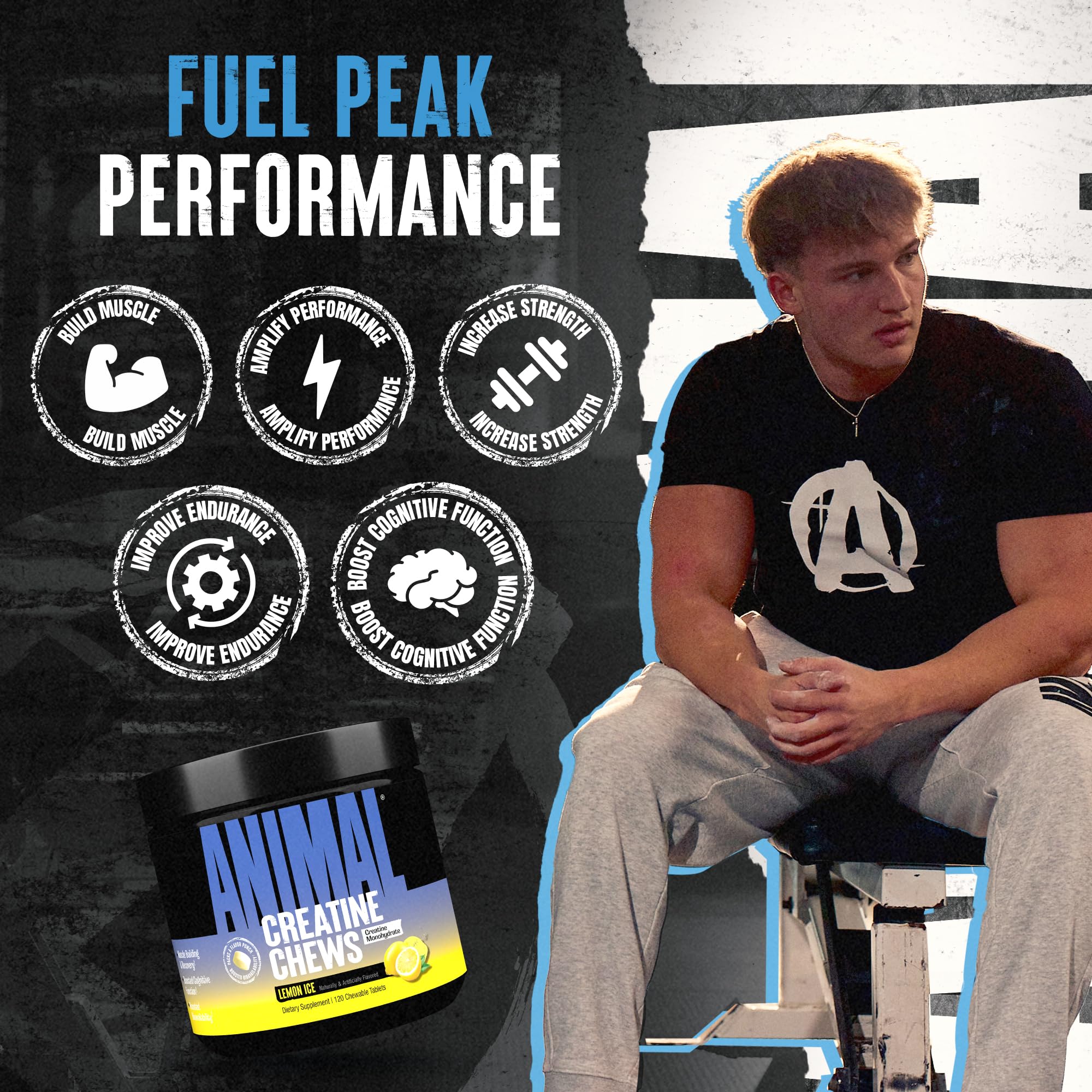Animal Creatine Chews Lemon Ice tub highlighting travel-friendly packaging for gym bags.