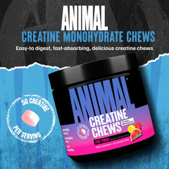Chews pouring from tub showing on-the-go usability for Animal Creatine.