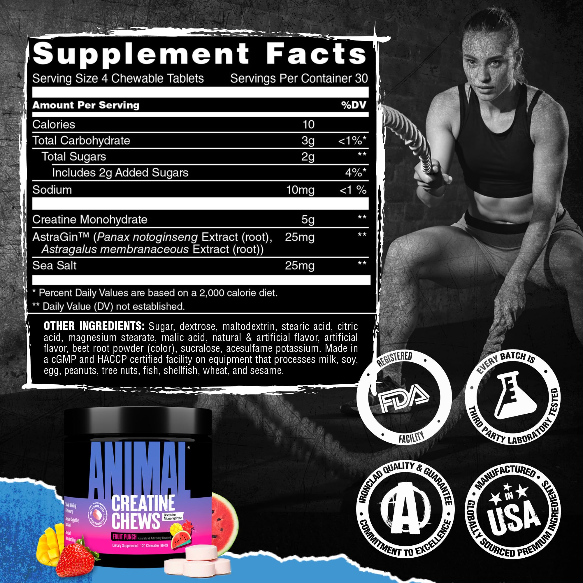 Travel-friendly tub of Animal Creatine Chews fitting in a gym bag.