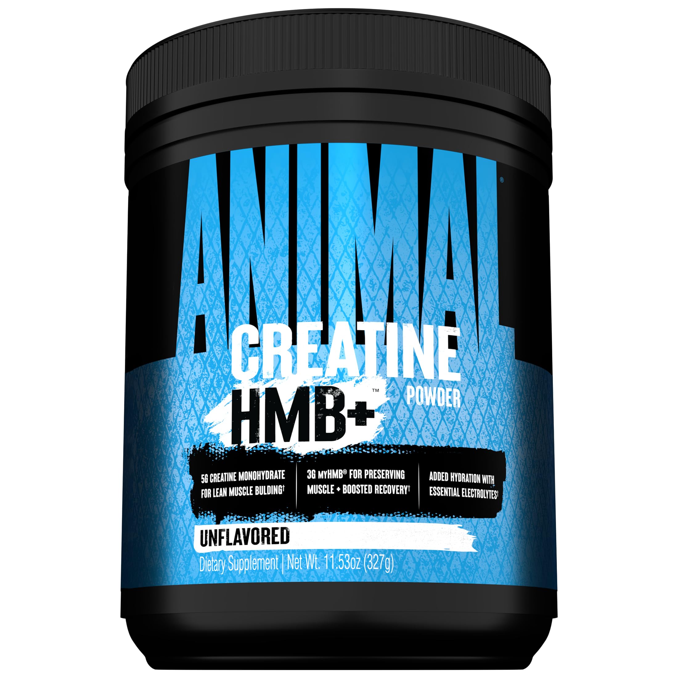 Animal Creatine HMB Powder bottle front shows daily strength support