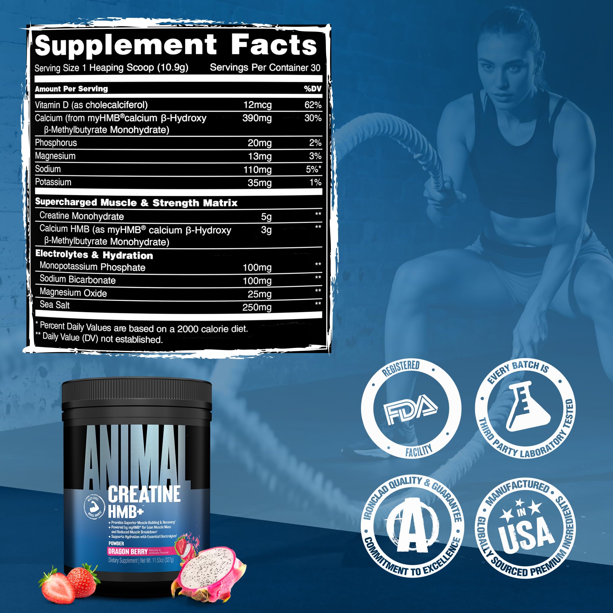 Animal Creatine HMB Powder closeup texture highlights premium blend for lean muscle support.