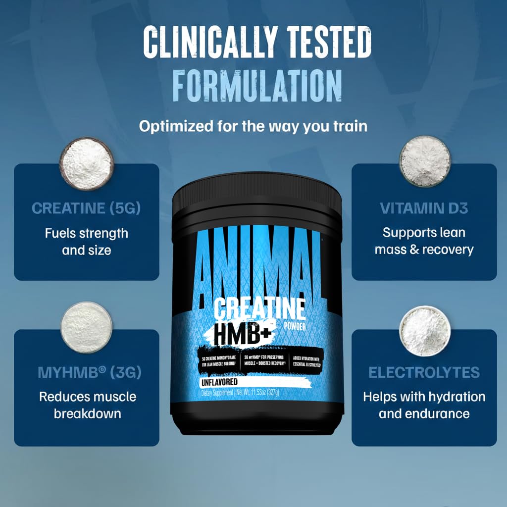 Scoop of Animal Creatine HMB Powder beside tub