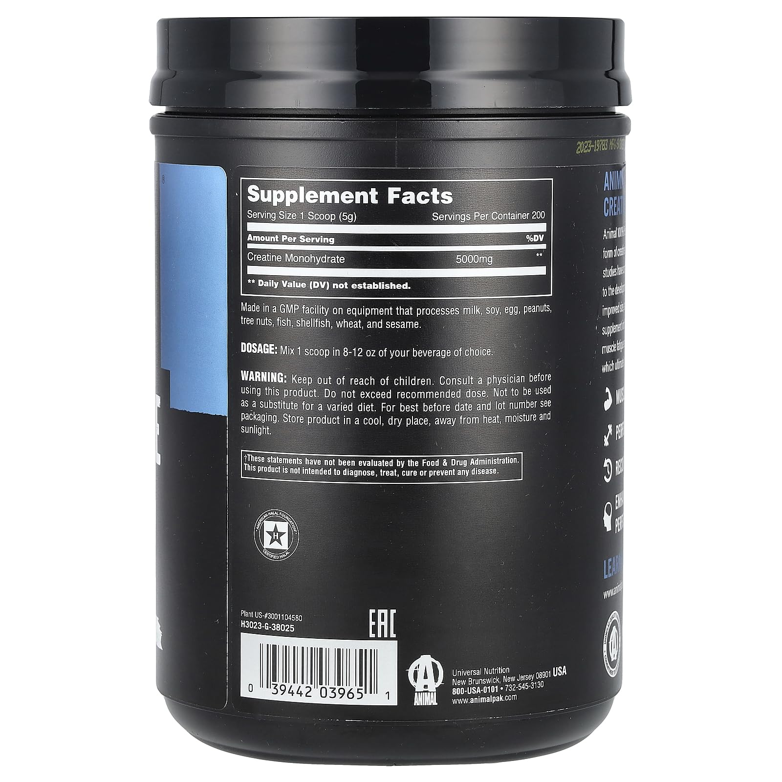 Animal Creatine Micronized powder scoop demonstrating serving; convenient daily training support.