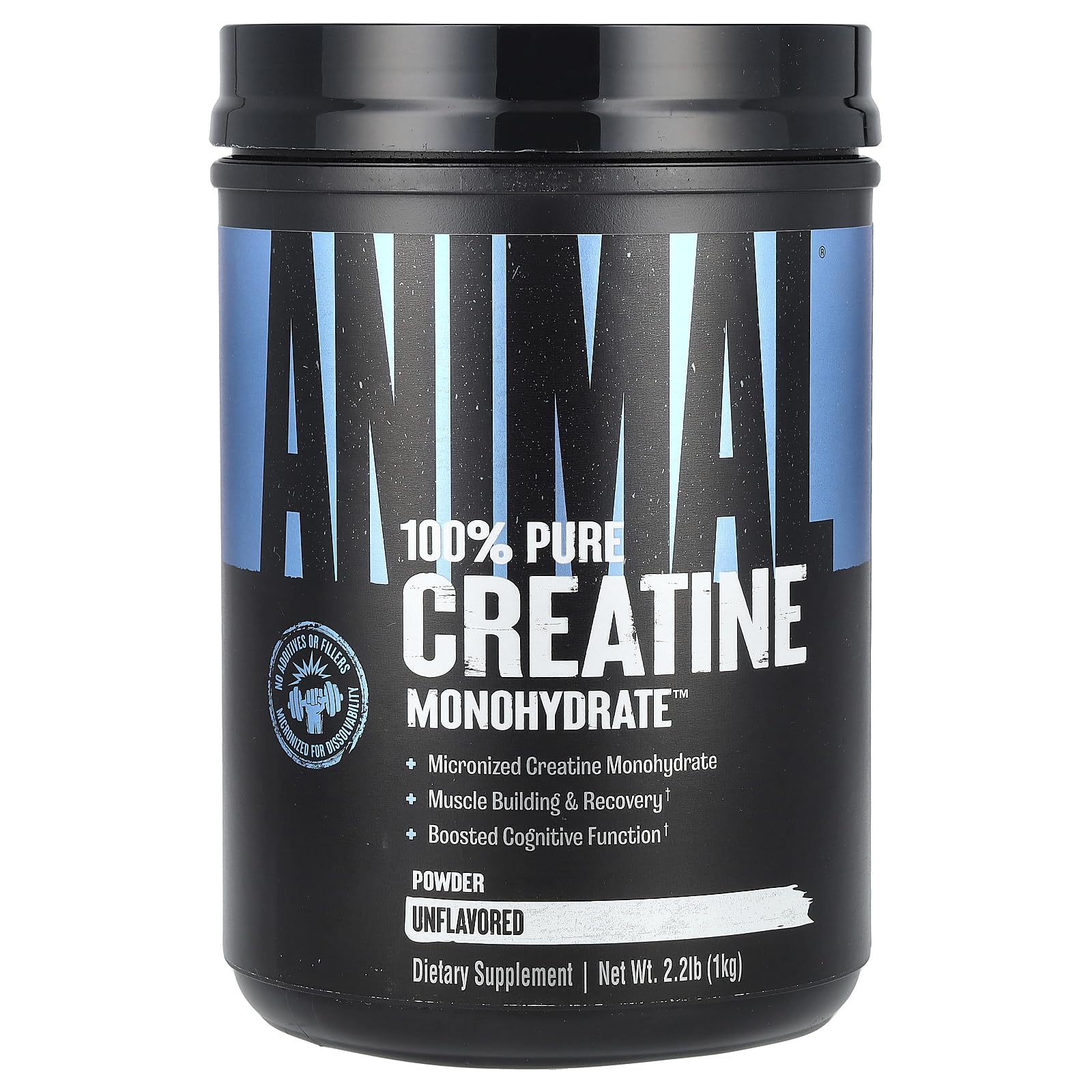 Animal Creatine Micronized powder tub on shelf; supports energy during training.