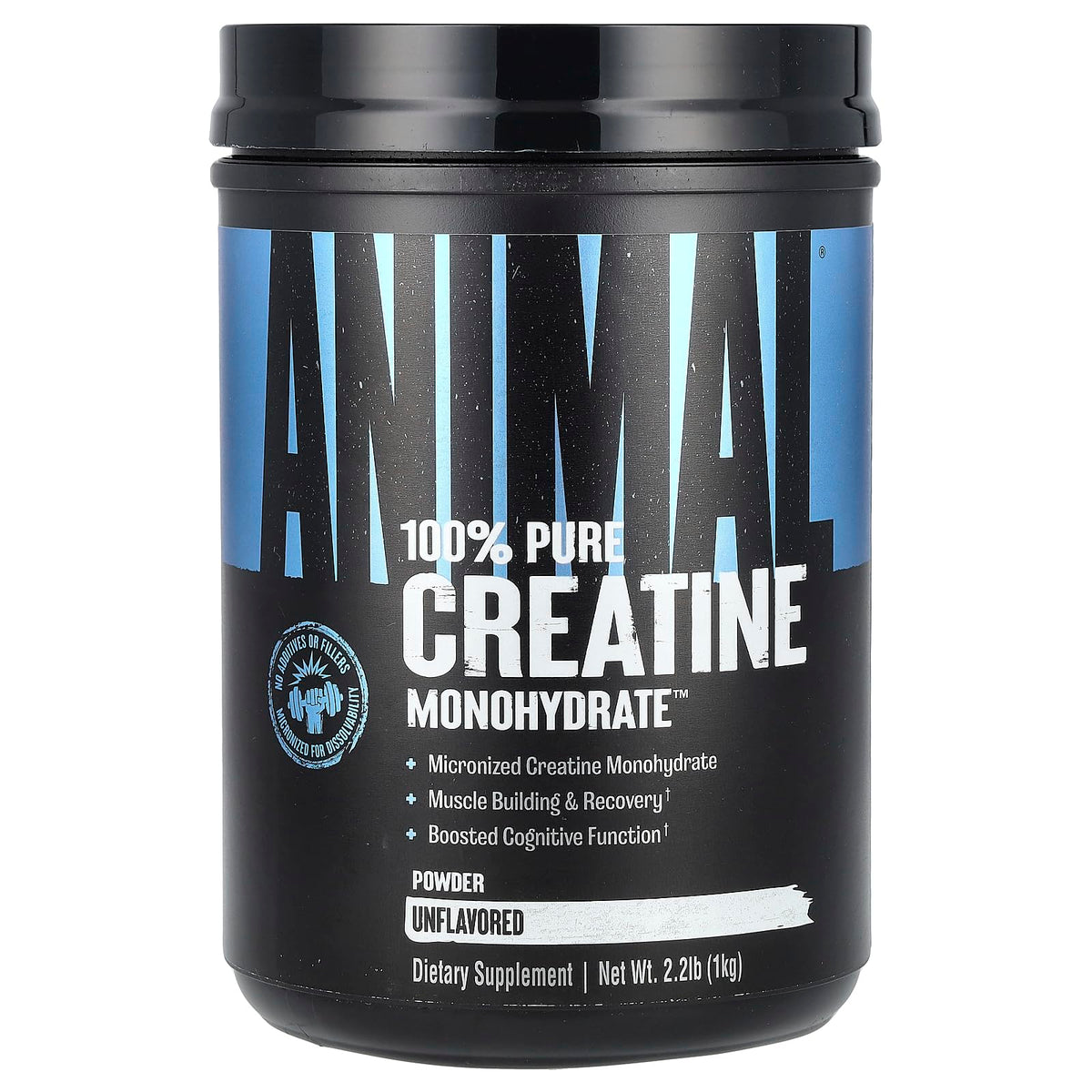 Animal Creatine Micronized powder tub on shelf; supports energy during training.