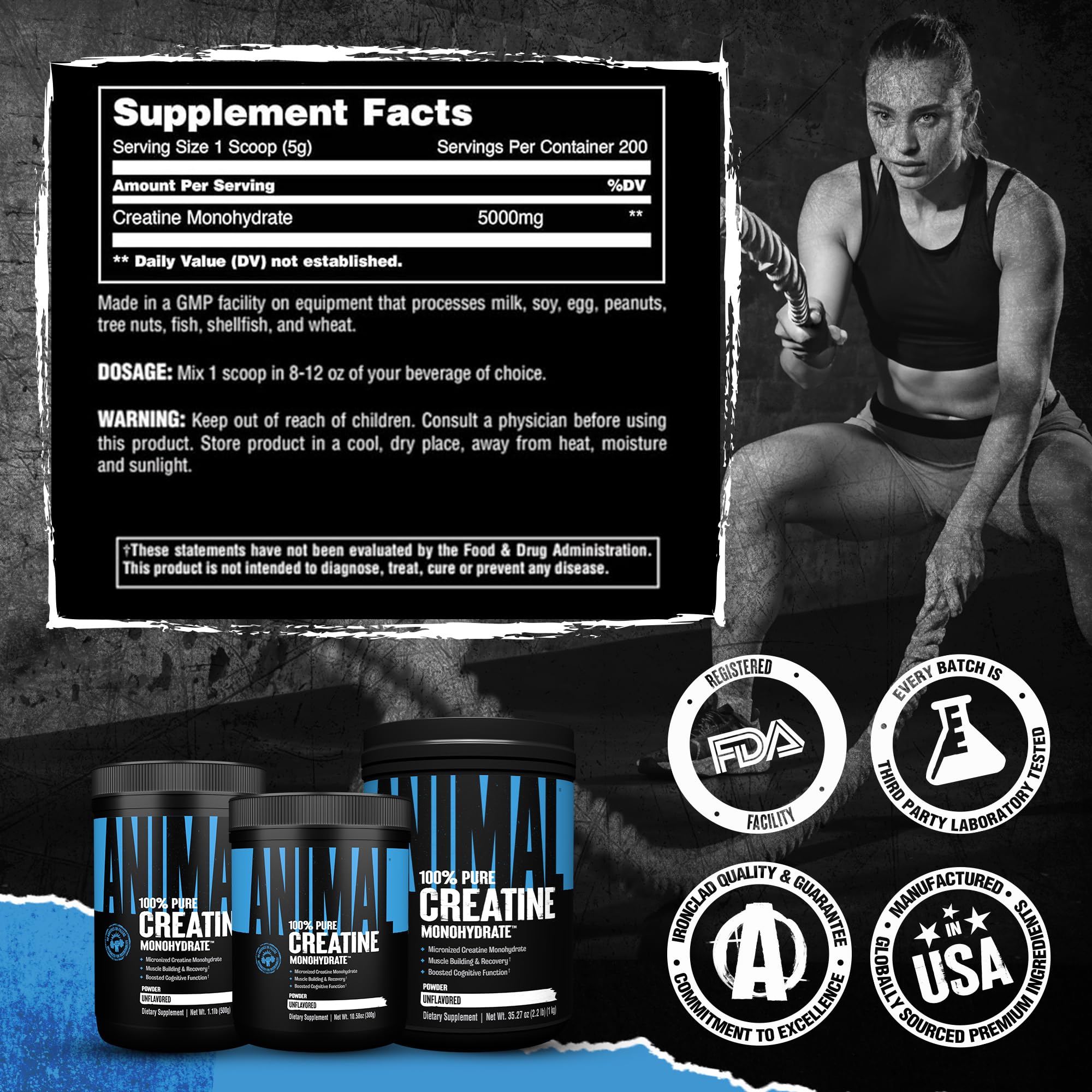 Laboratory-style setting showing third-party tested Animal Creatine Monohydrate