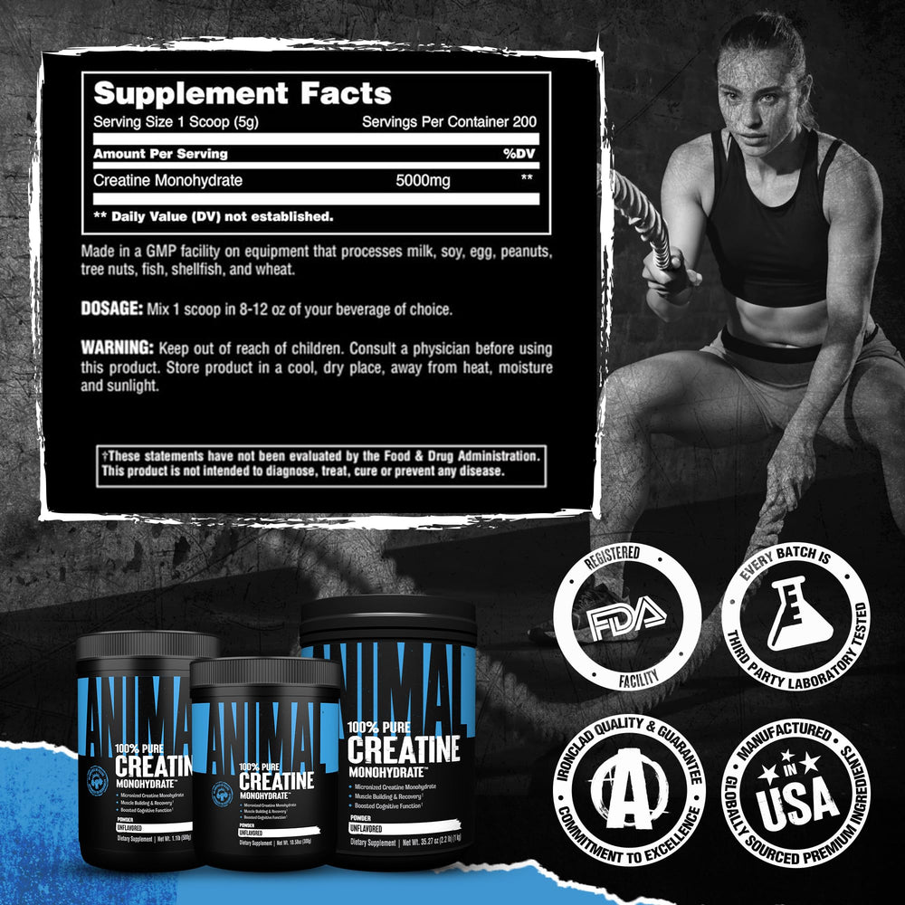 Laboratory-style setting showing third-party tested Animal Creatine Monohydrate