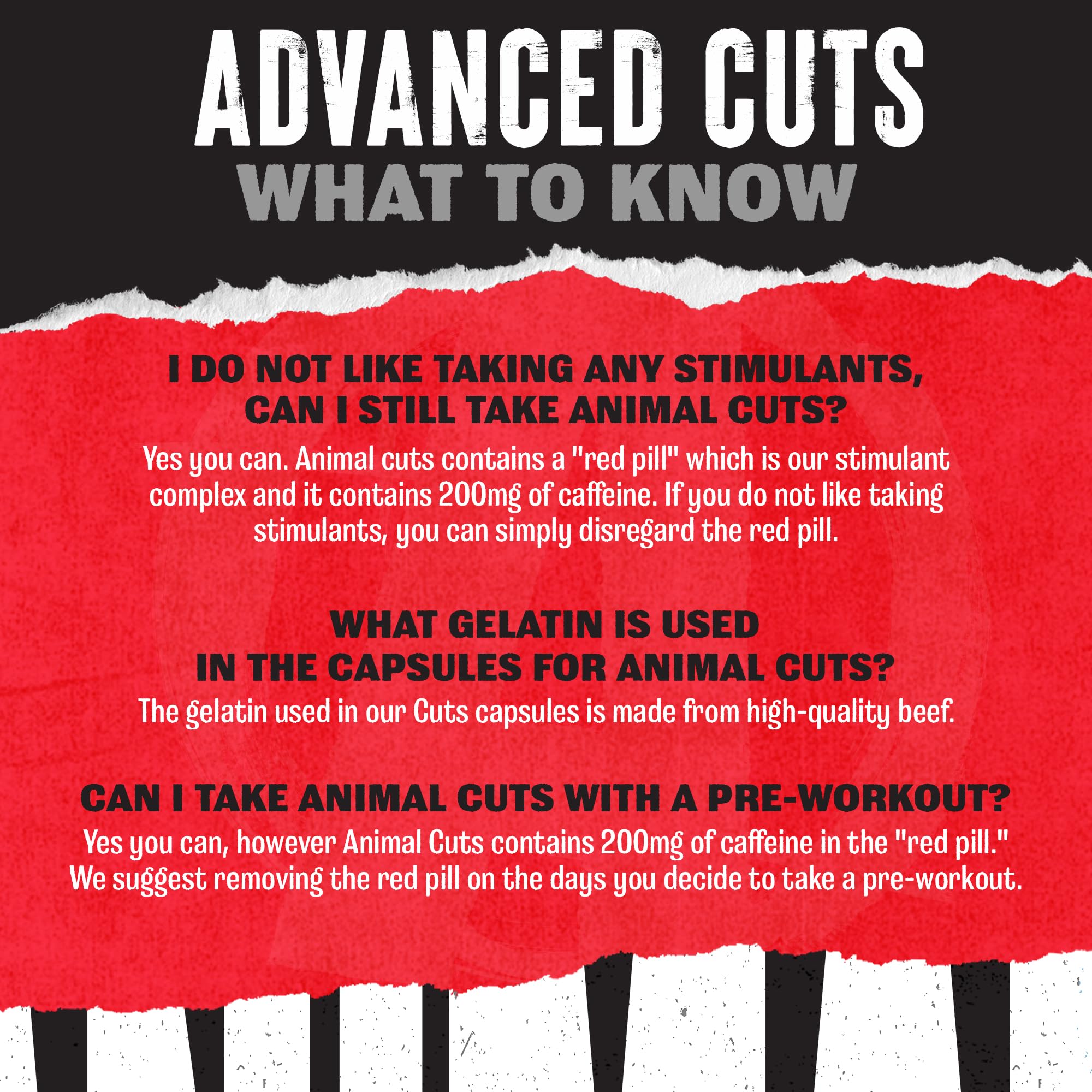 Animal Cuts ingredient highlights including tyrosine, caffeine, and green tea.