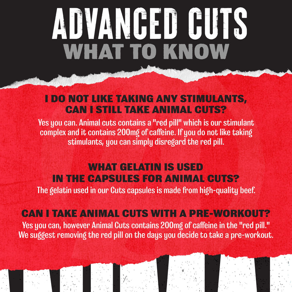 Animal Cuts ingredient highlights including tyrosine, caffeine, and green tea.