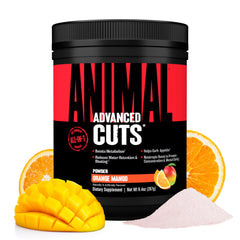 Animal Cuts orange mango powder bottle, ready to mix for flavorful metabolism support.