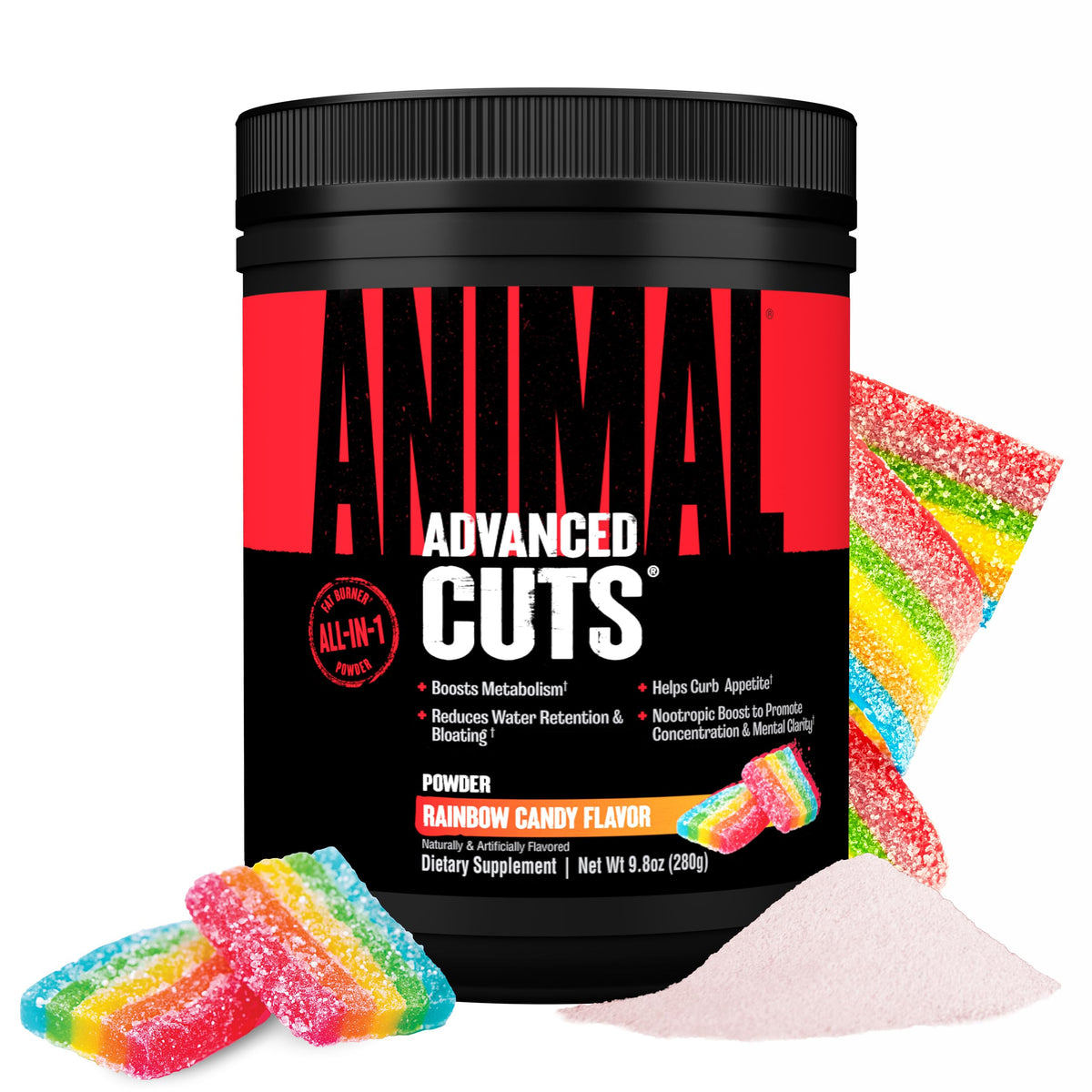 Animal Cuts Rainbow Candy powder tub displaying flavor and fat-burning formula.