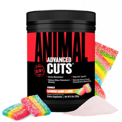 Animal Cuts Rainbow Candy powder tub displaying flavor and fat-burning formula.