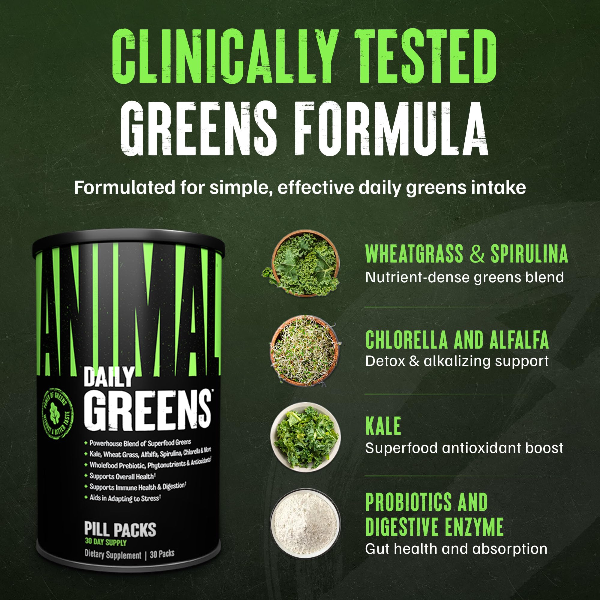Animal Daily Greens bottle on a stand, ready for daily use