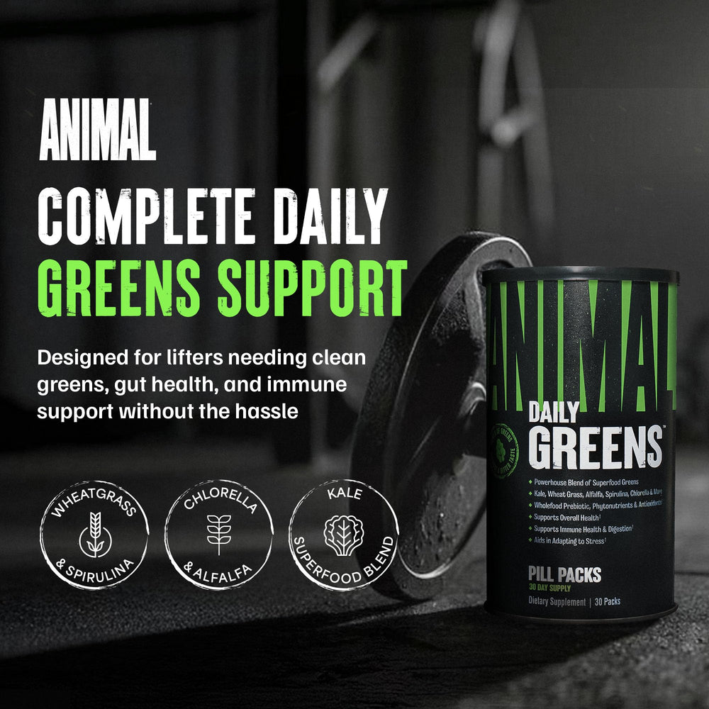 Animal Daily Greens pack closeup highlighting capsules and on-the-go convenience
