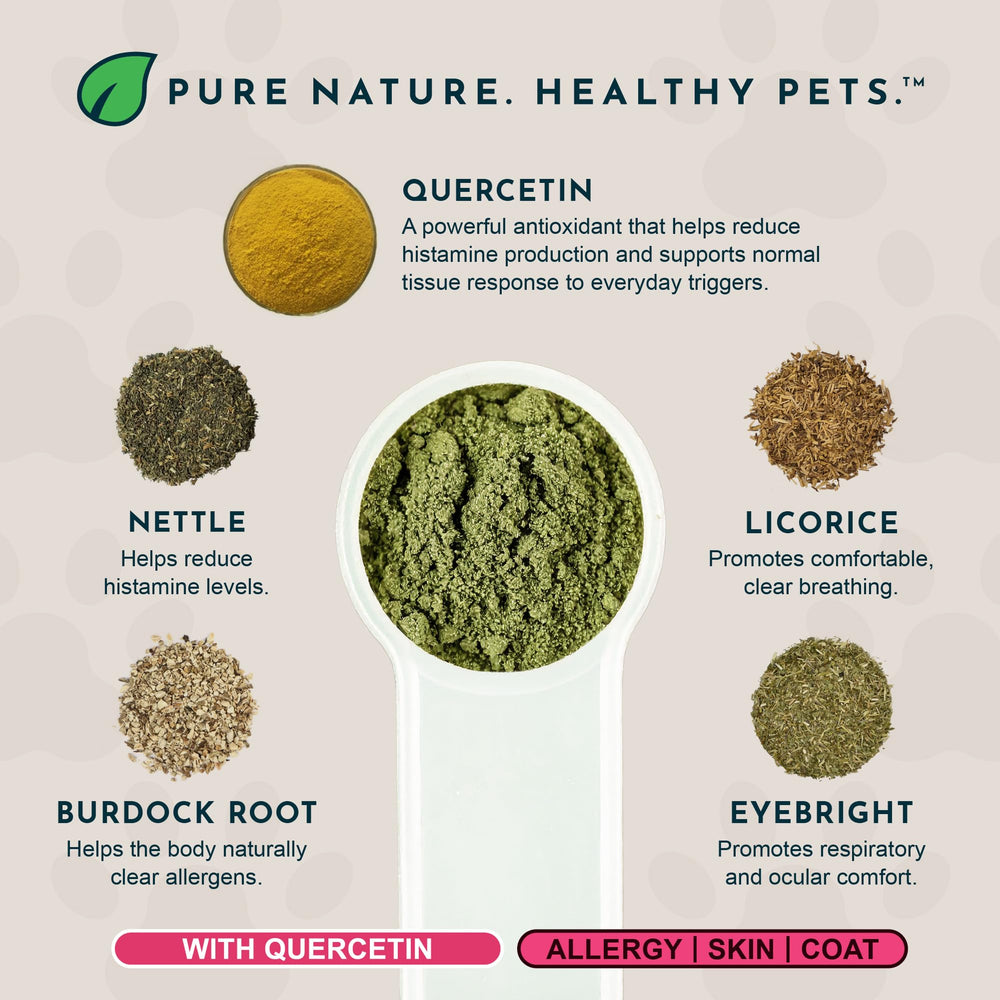 Animal Essentials Seasonal Allergy Powder label with dosing guidance for pet owners.
