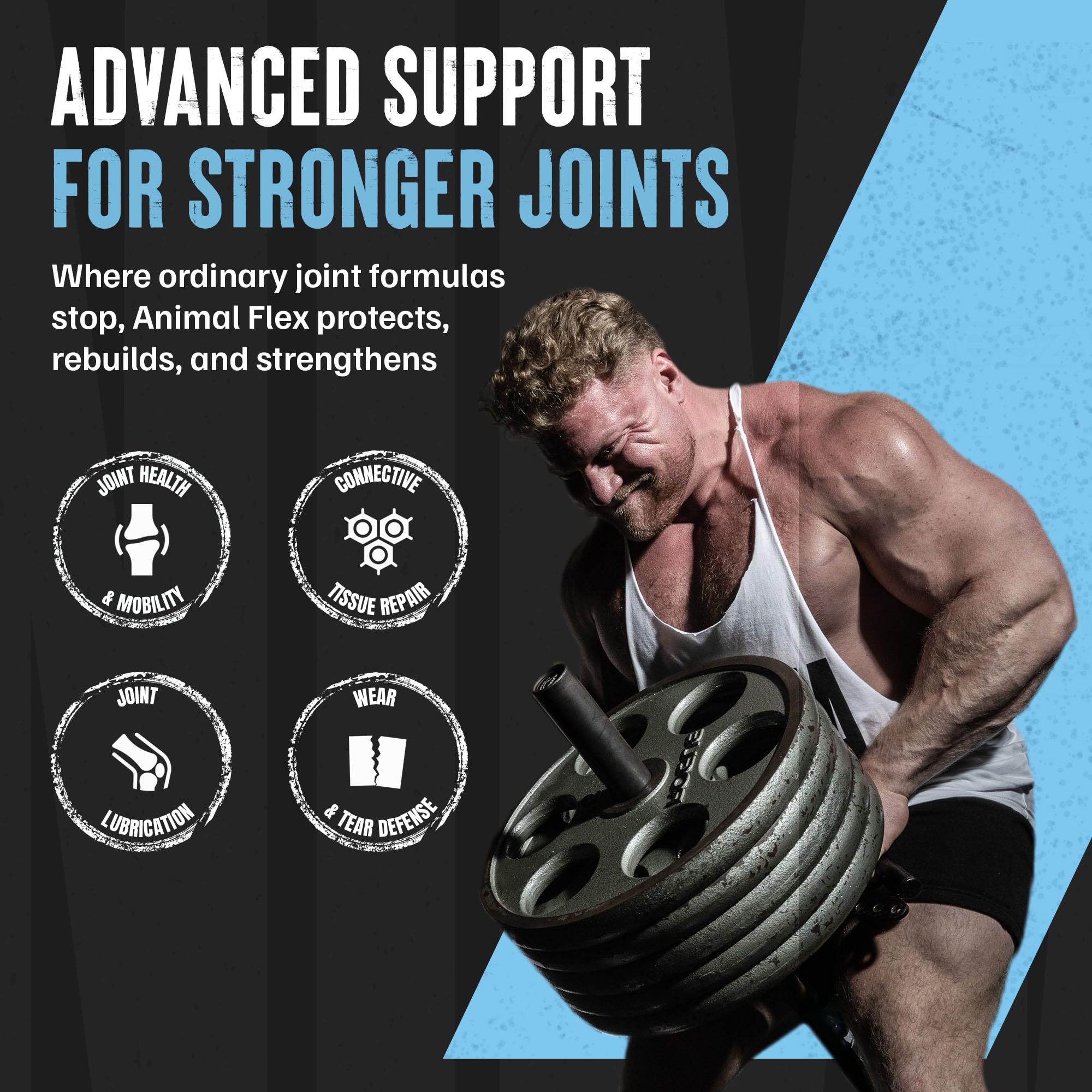 Animal Flex label on tub highlights glucosamine, chondroitin, and turmeric ingredients