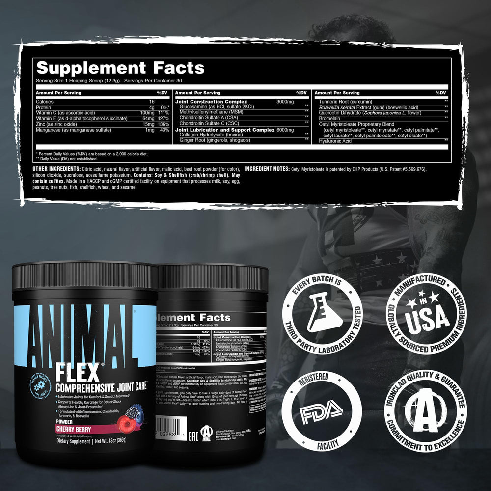 Athlete training beside Animal Flex to suggest ongoing joint support.